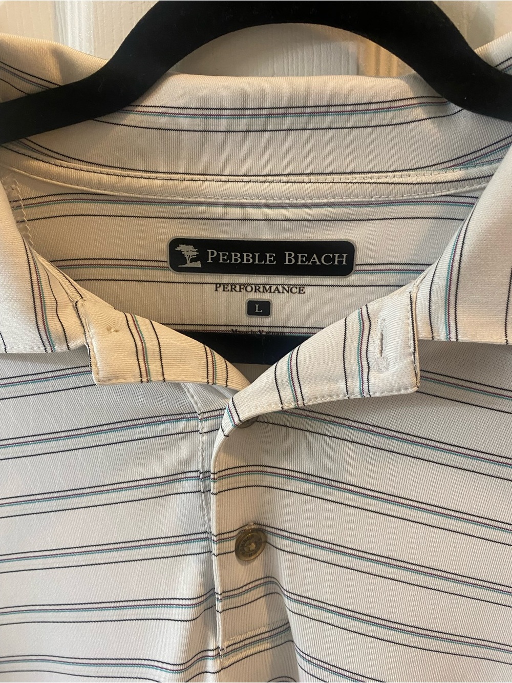 Pebble Beach White Polo with Navy and Green Pinstripes